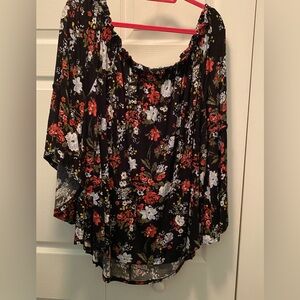 Boho Time & Tru Shirred Top Black w/pink,blue,green,yellow floral 2X NWT